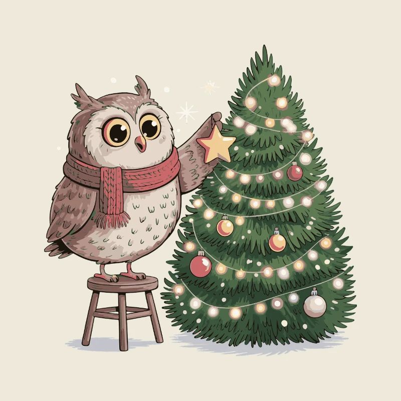 Eule schmückt Weihnachtsbaum