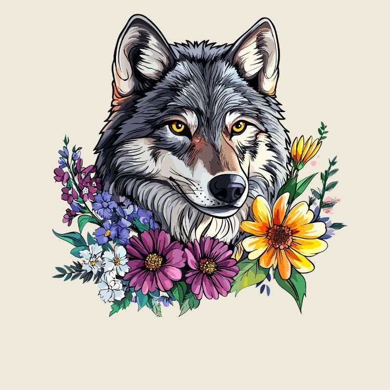 Wolfsfreund im Blumenkranz