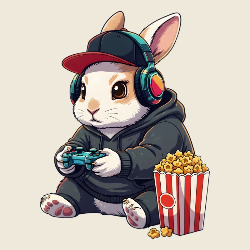 Rabbit Gamer mit Popcorn