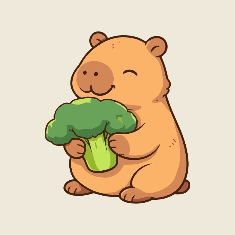 Capybara with broccoli – relaxed & cute