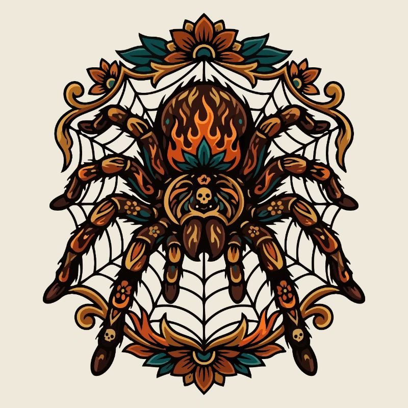 Tarantula Fire Flames Spider Web Pattern Motif