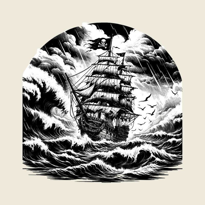 Storm Sea Pirate Ship Engraving