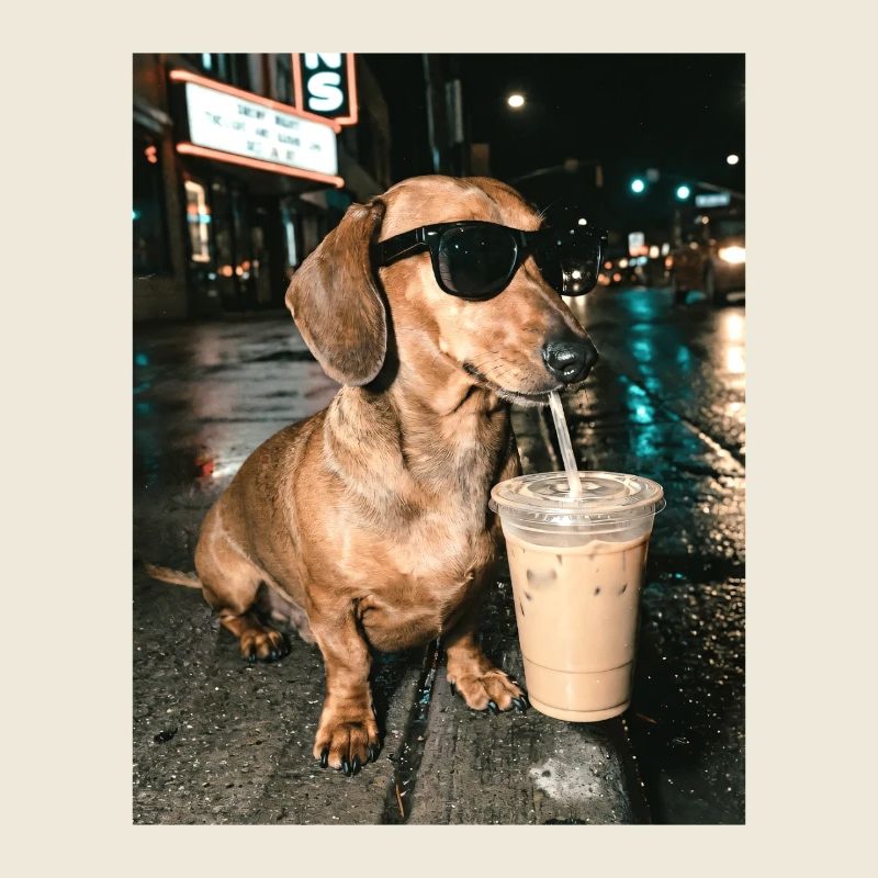 Dachshund drinking iced coffee, Funny dachshund photo