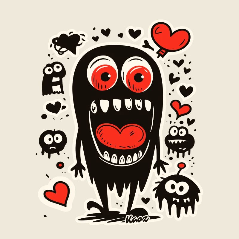 Monstre noir avec un cœur dans la bouche