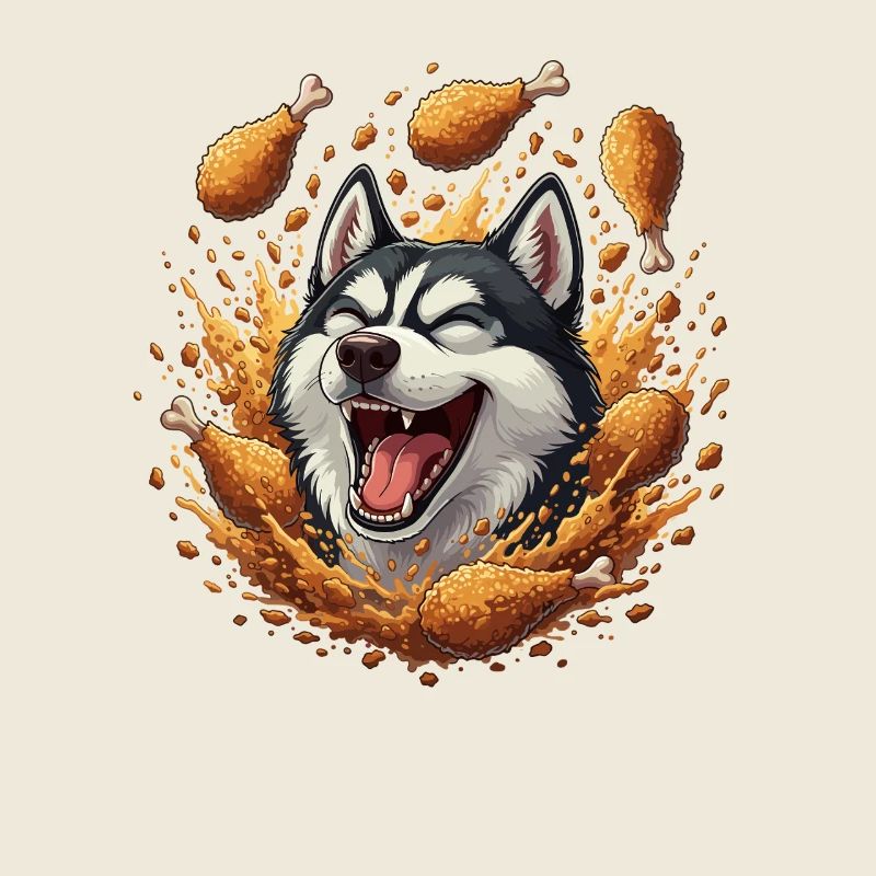 Laughing husky with fried chicken