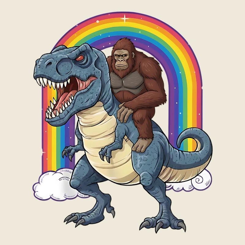 Bigfoot Riding T-Rex Dinosaur Rainbow