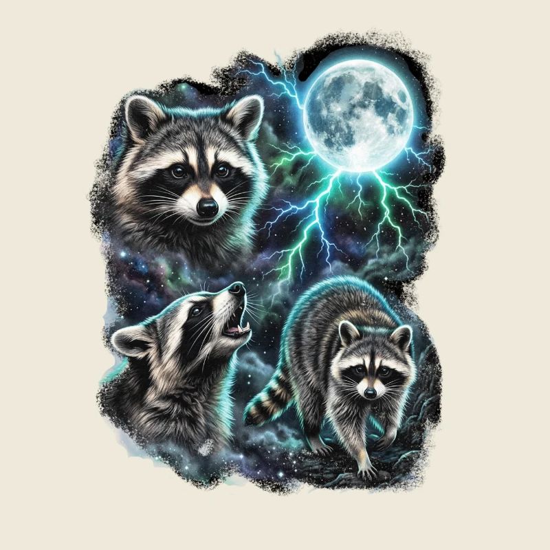 DREI Wilde Waschbären mit Mond Wildlife-Designs