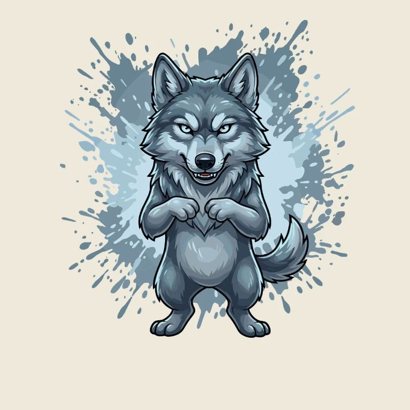 Blue Wolf Cartoon with Splash Background