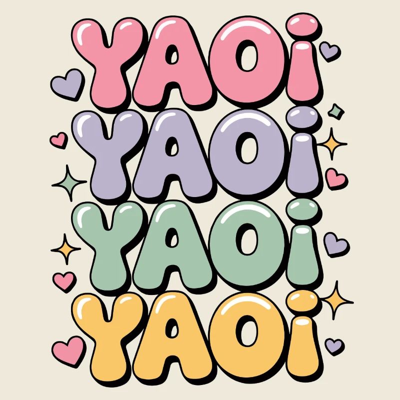 Des lettres colorées en forme de bulles écrites Yaoi.