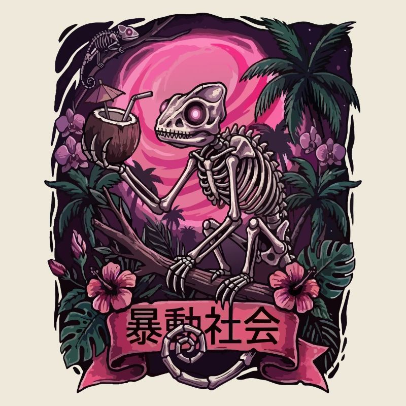 Skeleton in Neon Jungle With Chameleon