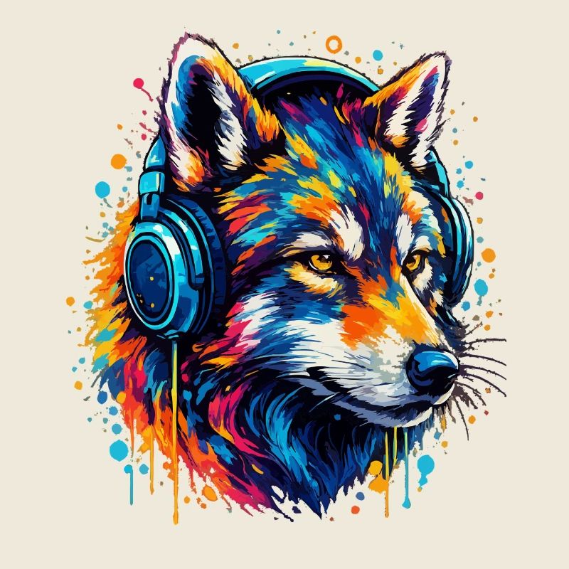 Fuchs mit Neon Kopfhörer Kunst