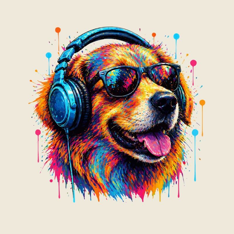 Bunter Hund mit Kopfhörern