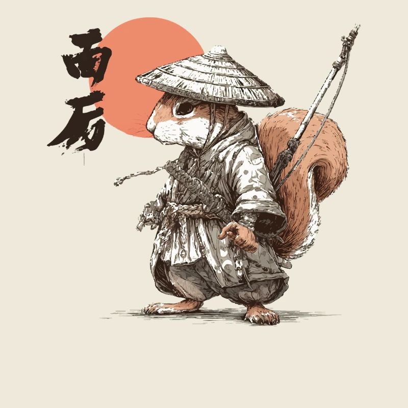 Samurai-Eichhörnchen unter roter Sonne