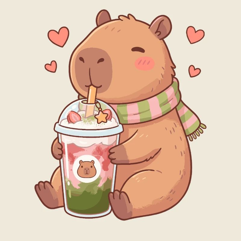 Niedliche Kawaii Capybara trinken Erdbeer-Matcha