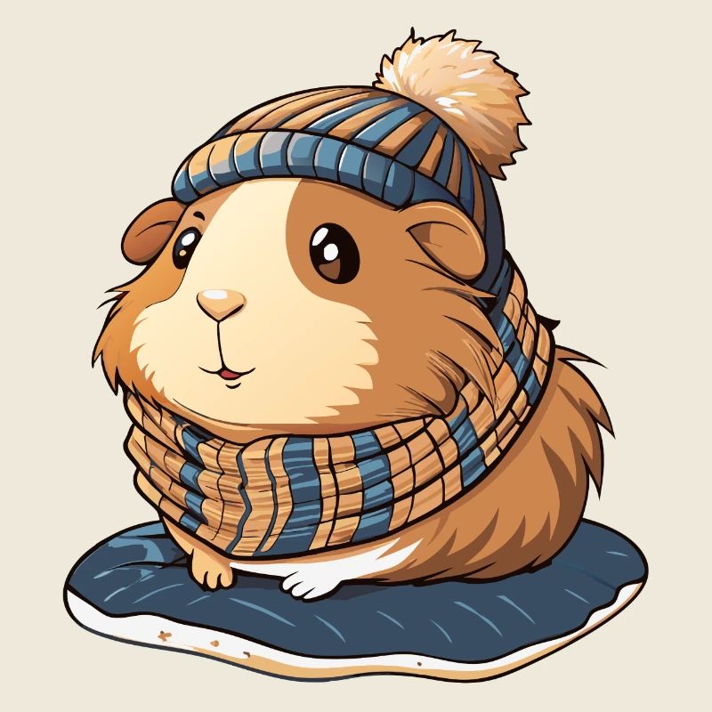 Mignon cochon d’Inde avec écharpe et chapeau à pompon.