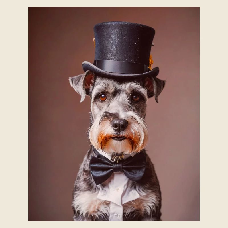 Schnauzer Hund mit Zylinder und Fliege