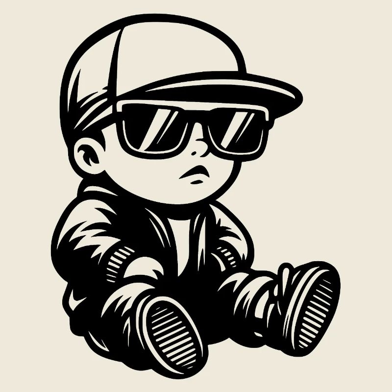 Bébé avec lunettes de soleil et casquette devant