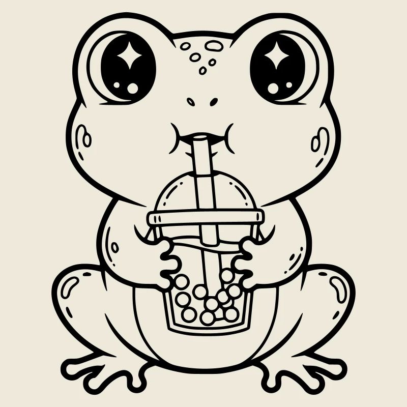 Cute Frog with Bubble Tea Line Art Design