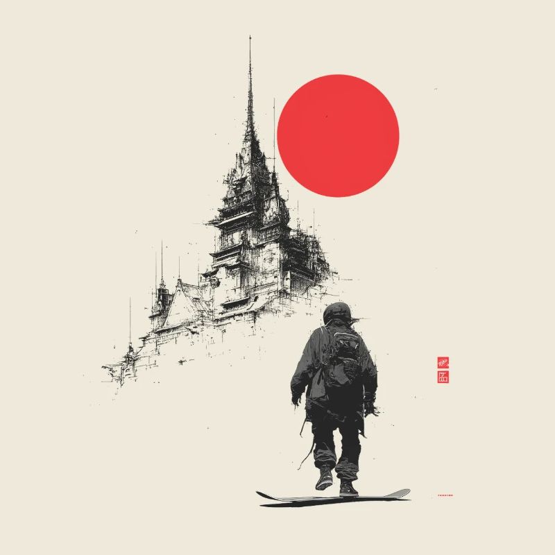 Winter silhouette: castle and red sun