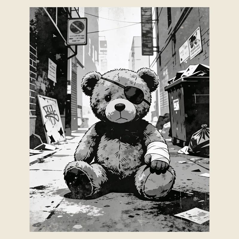Ours en peluche avec cache-œil près de la route