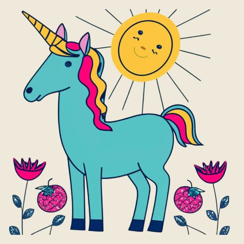 Verdant unicorn under a smiling sun