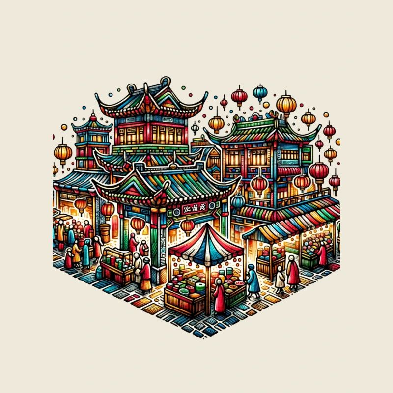 marché coloré de nuit inspiré d'art chinois