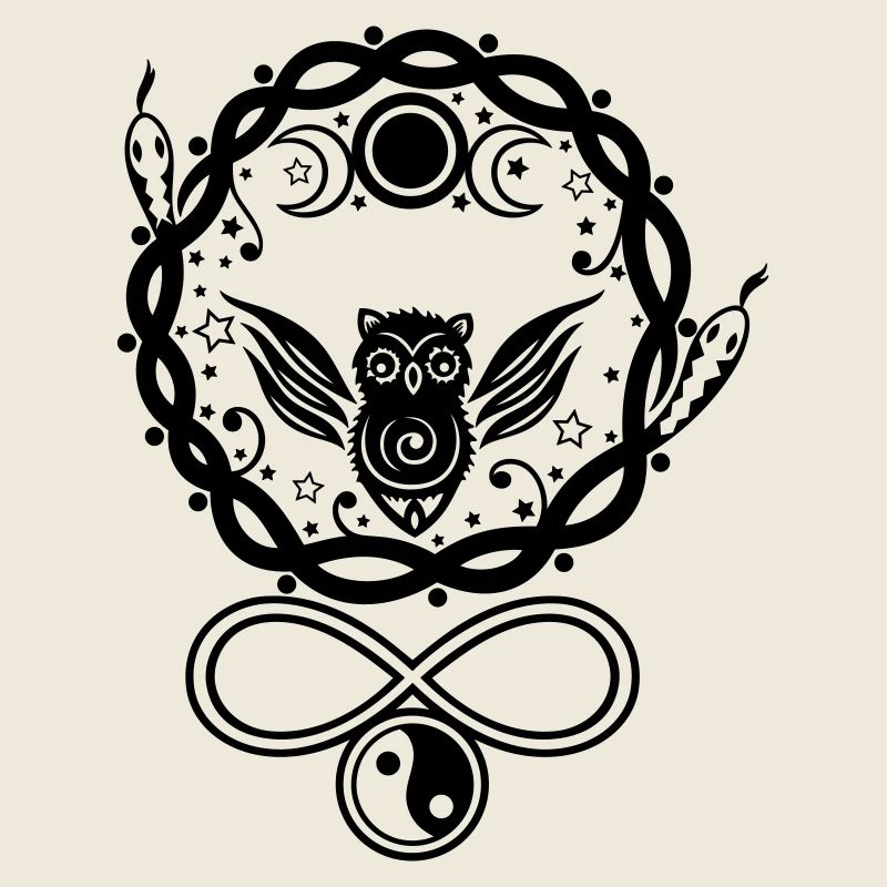 Mystical Hecate owl with symbols and moon