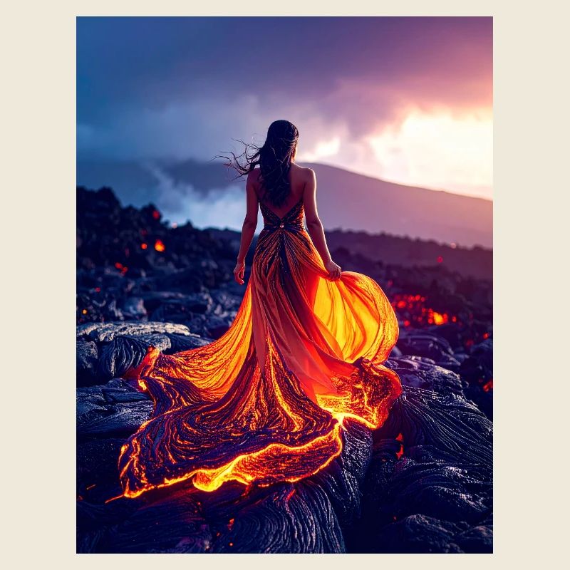 Robe semblable à du feu sur un champ de lave