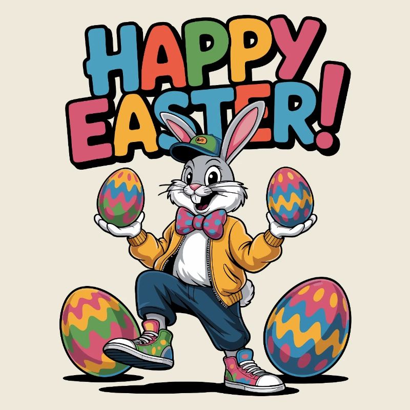 Easter Bunny Cartoon with Colorful Eggs