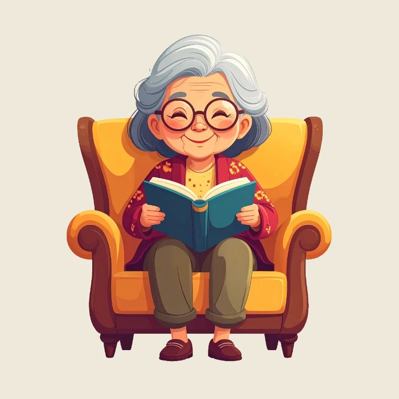 Oma sitzt im Sessel und liest ein Buch