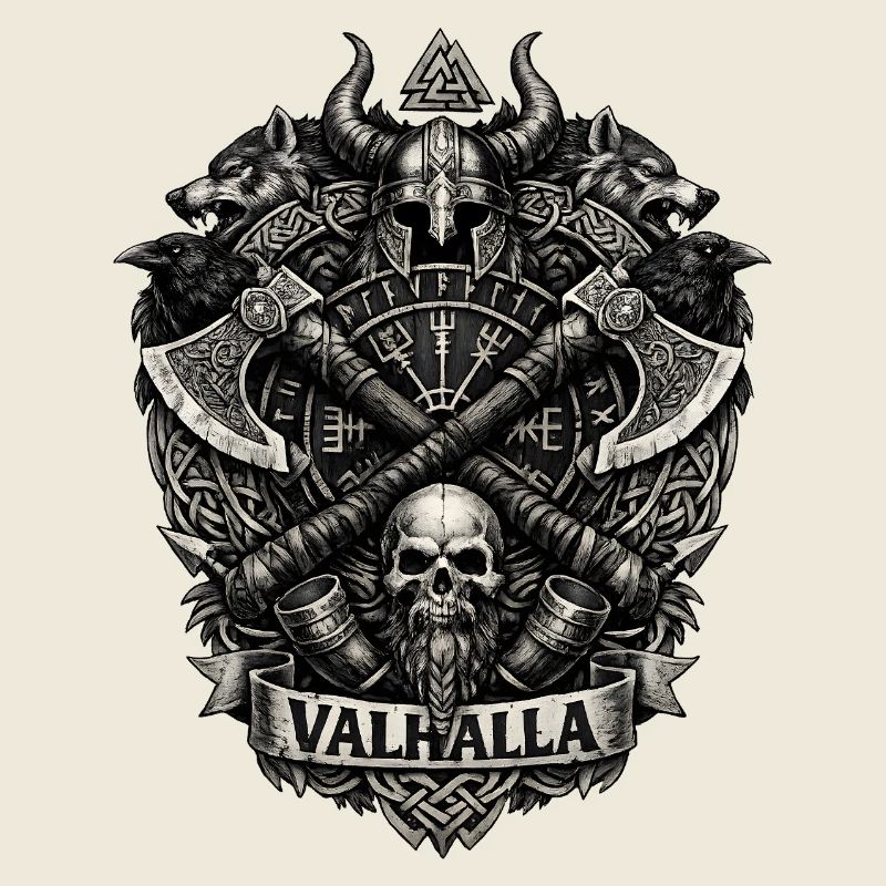 Valhalla-Wappen: Wikingerschädel und Äxte