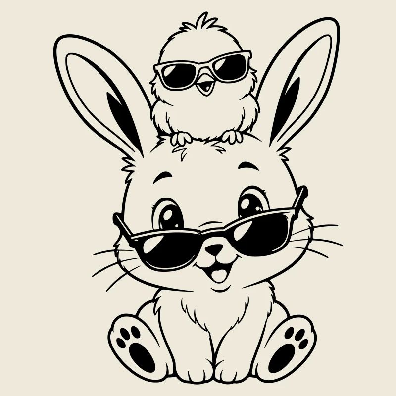 Hase mit Küken und Sonnenbrille
