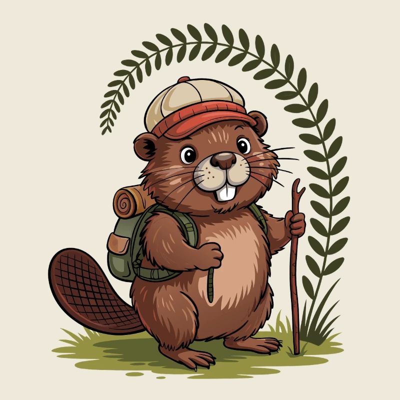 Funny beaver with hiking poles and backpack