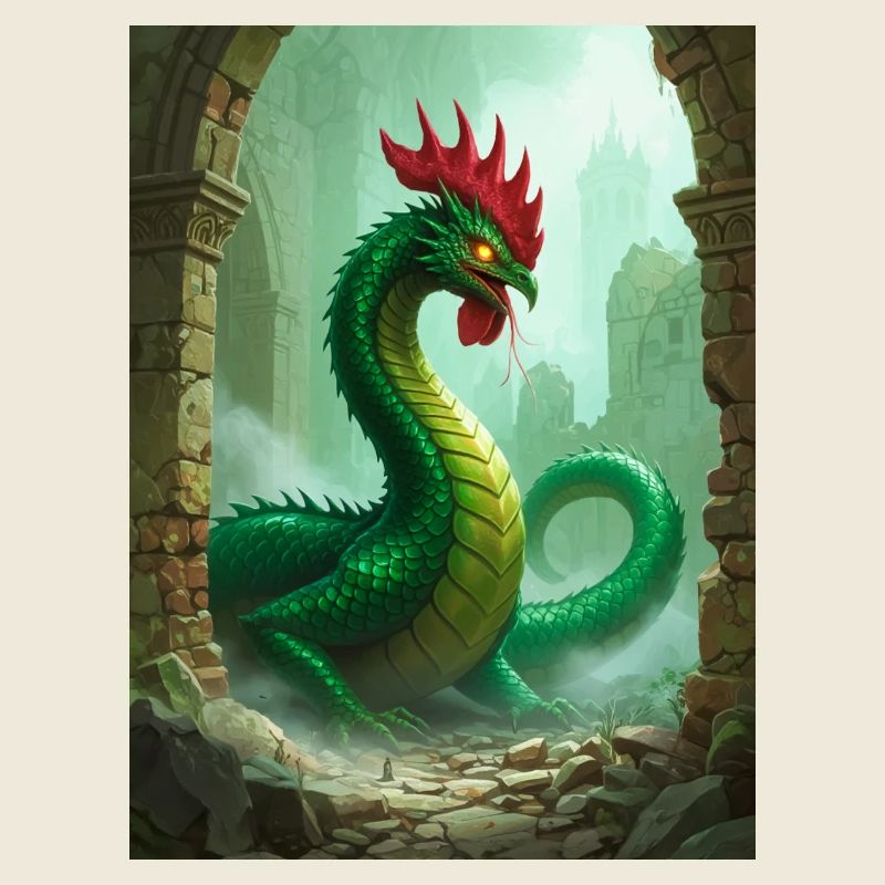 Basilisk with rooster head and deadly petrifying
