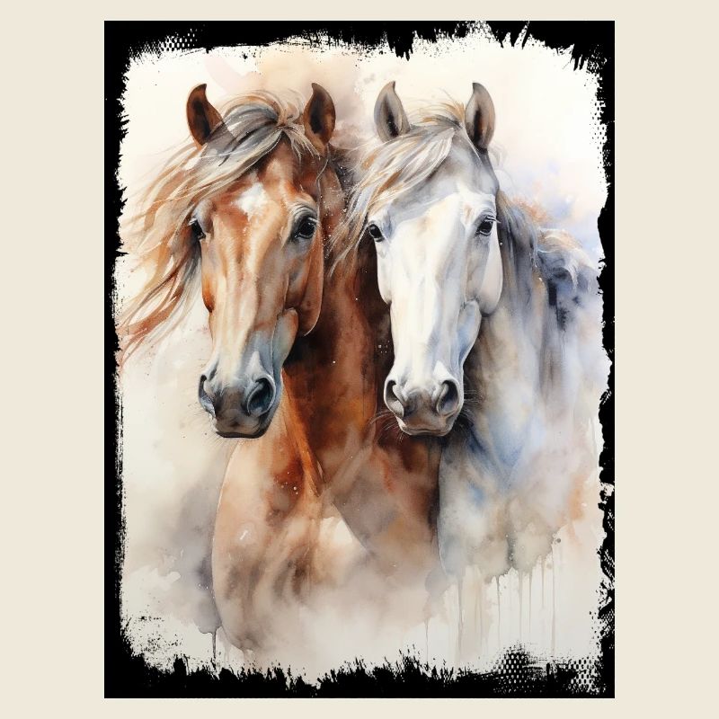 Zwei edle Pferde Portrait Aquarell Malerei Kunst 