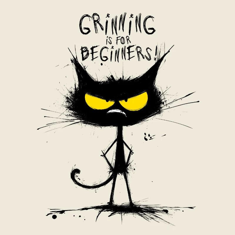 Grumpy Black Cat  – Smiling Is for Beginners