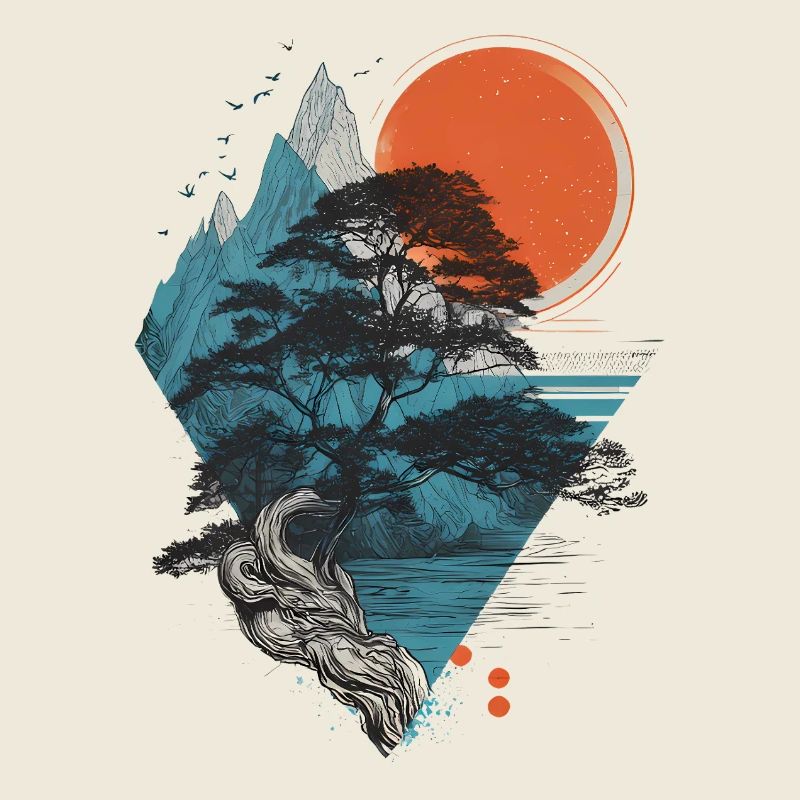Berglandschaft mit Baum und roter Sonne