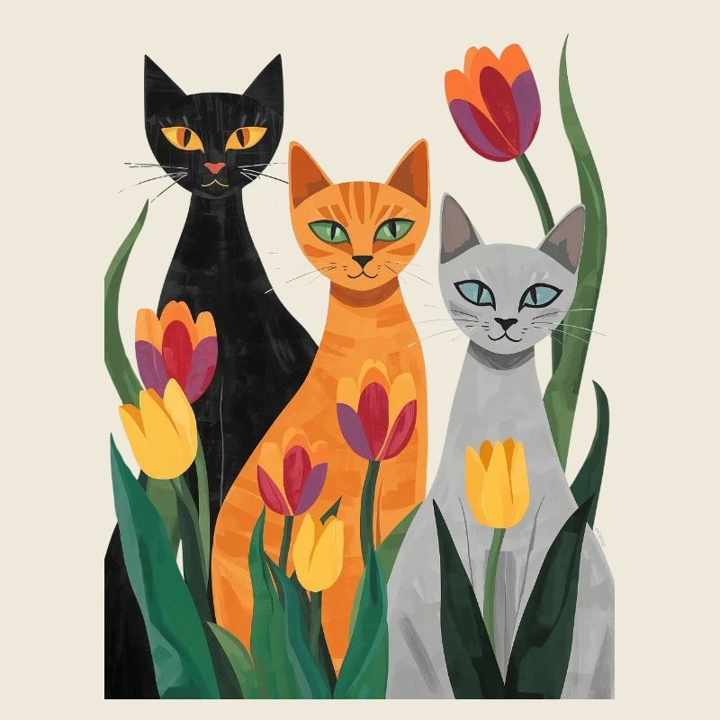 Three stylized cats: black, gray, orange