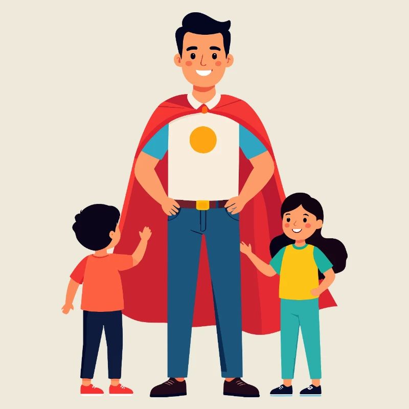 Erzieher Held oder Heldenvater mit Cape und Kinder