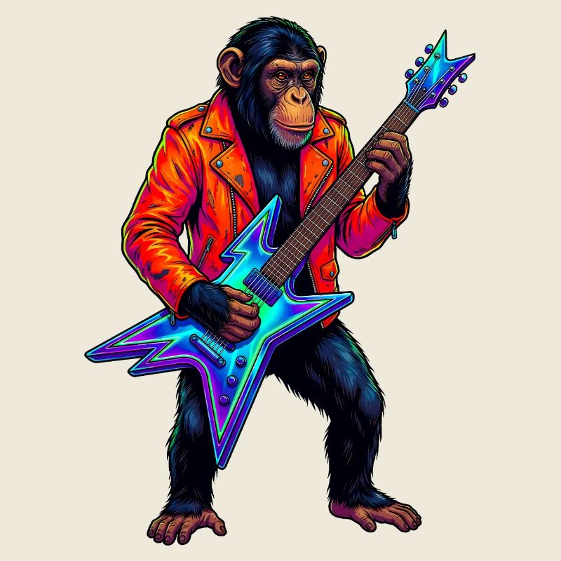 Schimpanse in Lederjacke und Neon E-Gitarre