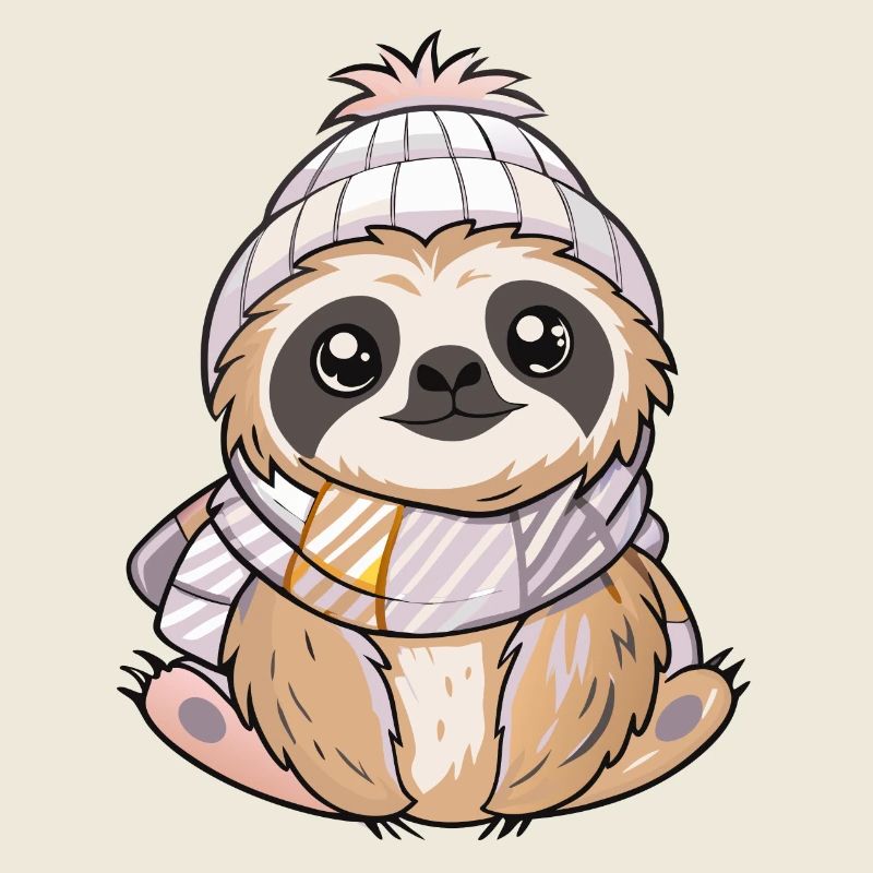 Cute sloth with scarf and bobble hat.