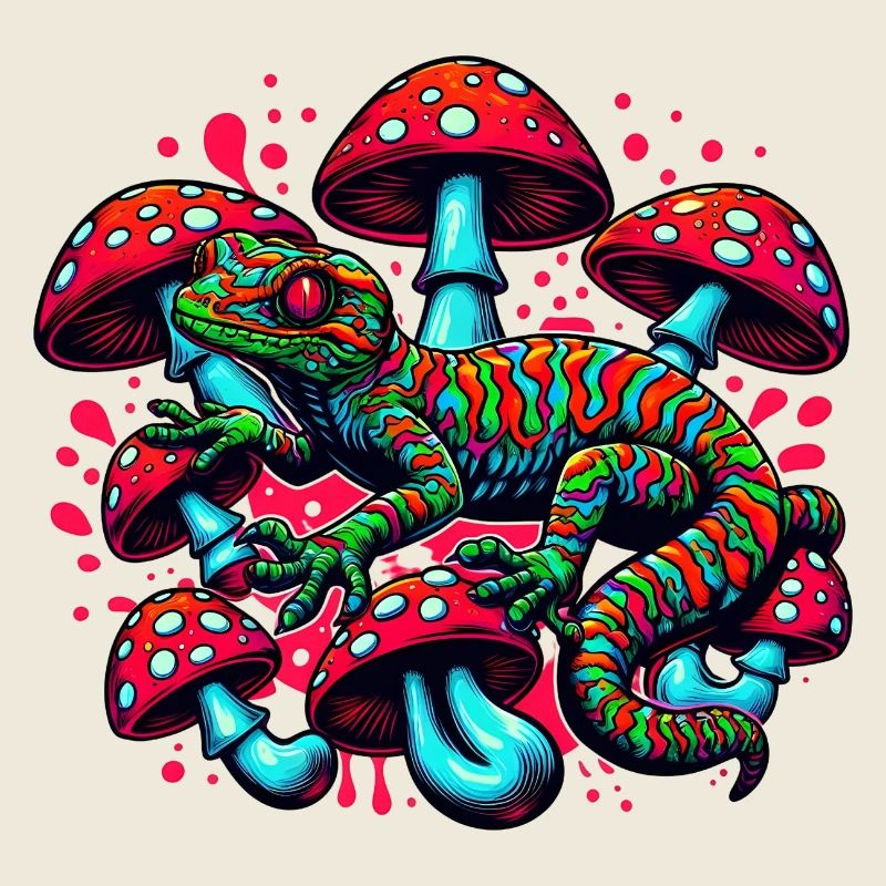 Psychedelischer Gecko mit Pilzen