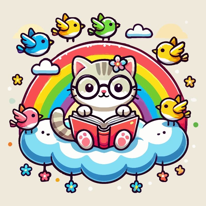 Chat lisant un livre sur un nuage