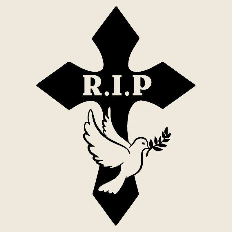 Cross with pigeon and text R.I.P