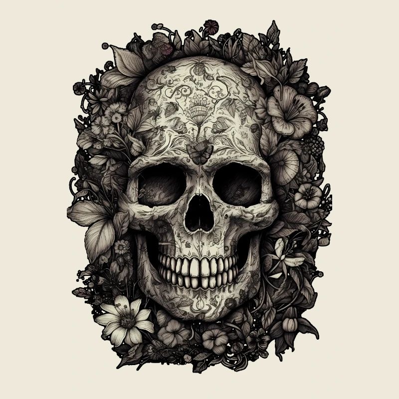 Cooler Boho Totenkopf mit Tattoos und Blumen
