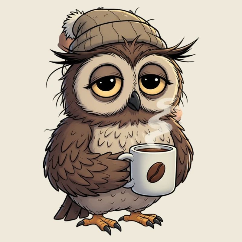 Verschlafene Eule Mit Kaffeetasse Cartoon
