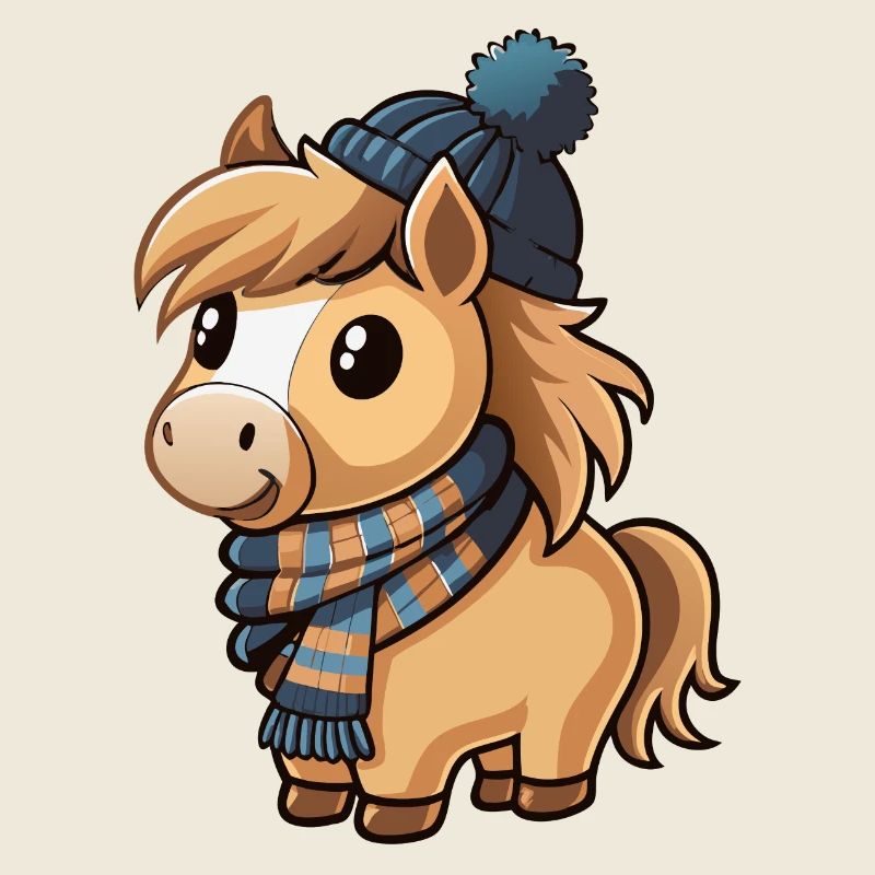 Poney mignon avec écharpe et chapeau à pompon.
