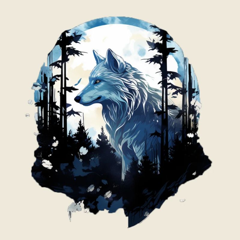 White wolf in the forest under full moon