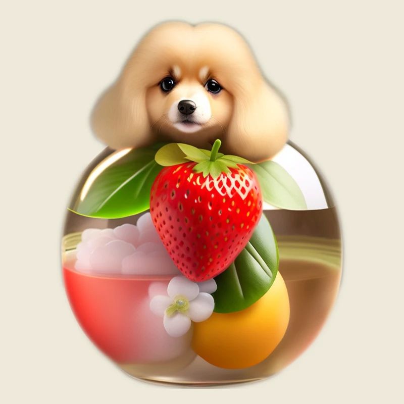 Süßer Hund mit einer Erdbeere