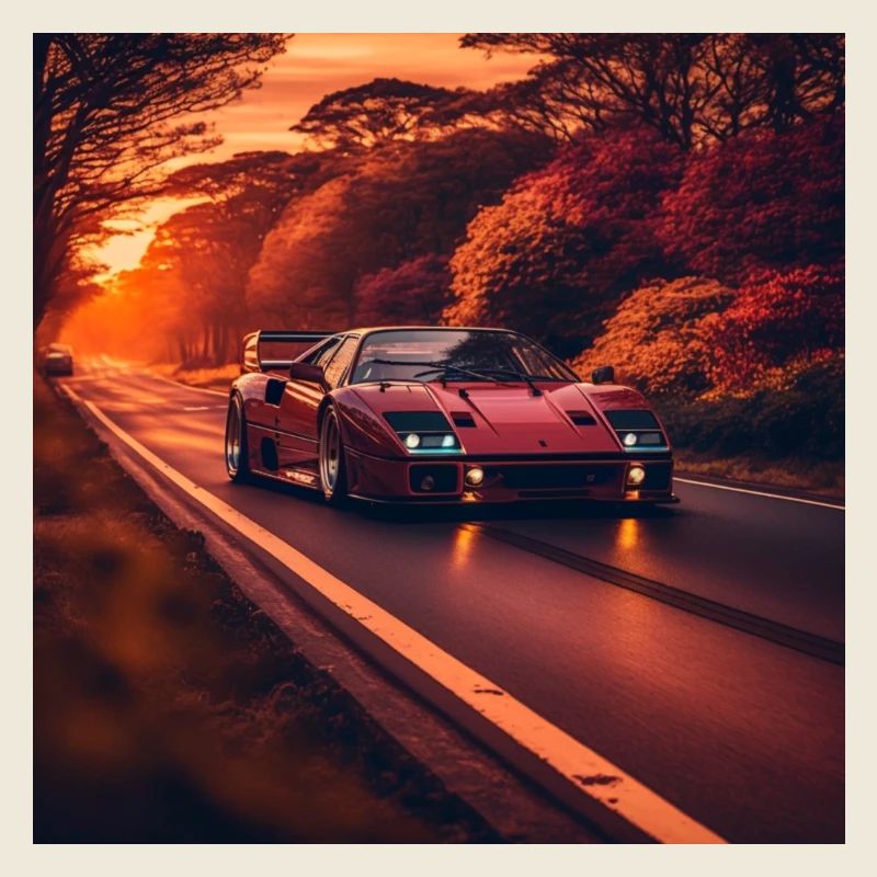 Car driving in the sunlight, sunset, retro car